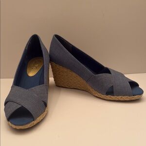 Chaps Blue Tan Espadrille Wedges